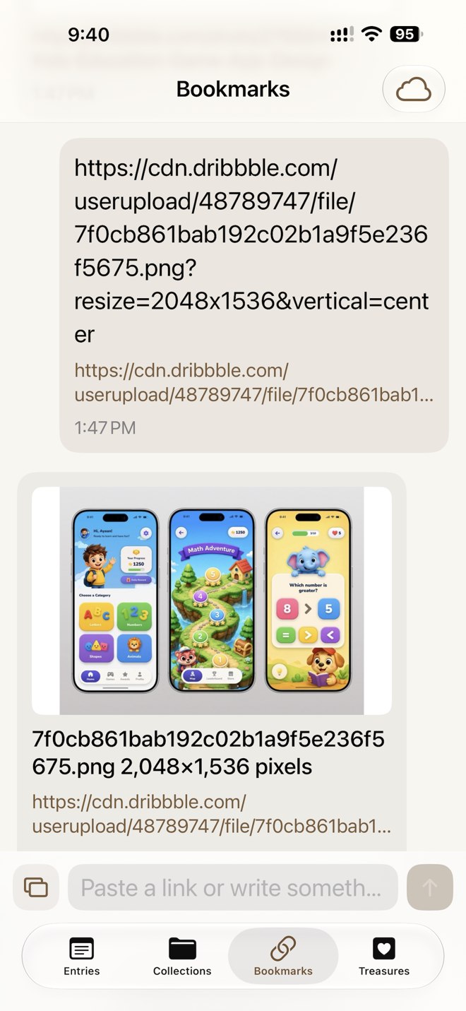 Untitled Diary Bookmarks screen with original links and website previews