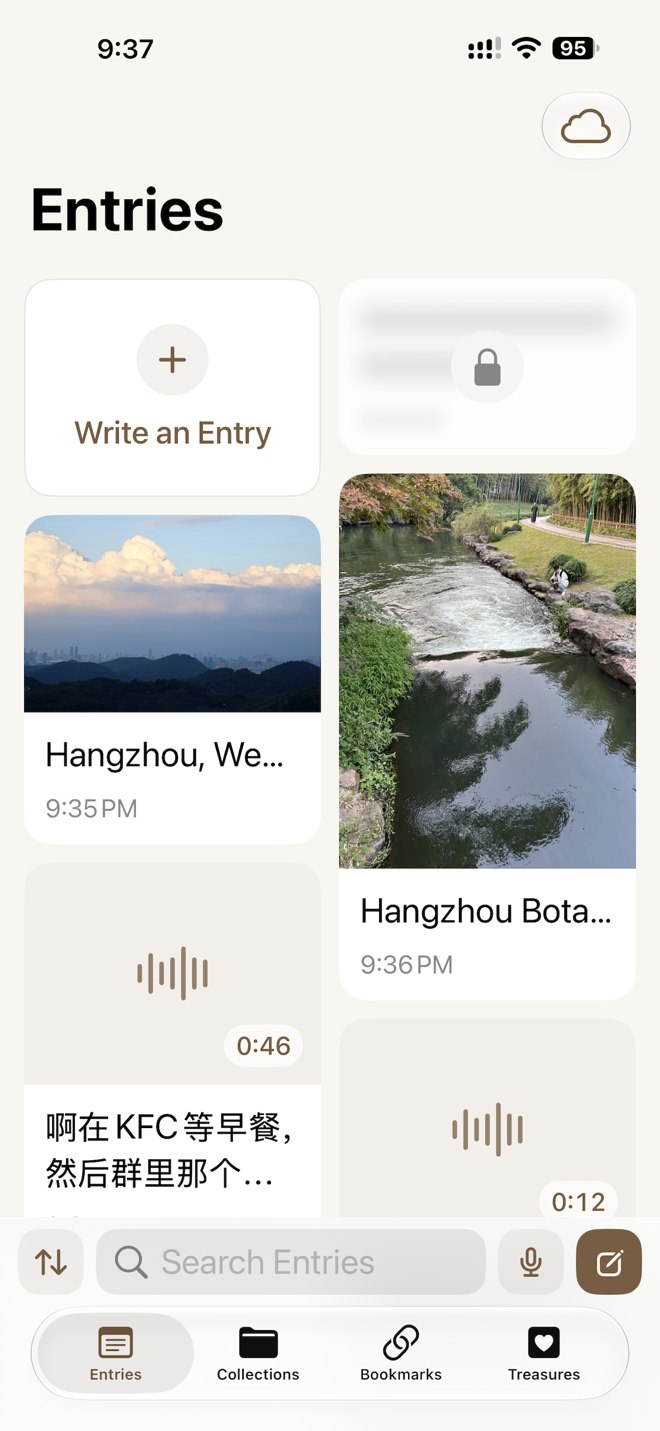 Untitled Diary Entries screen with photos, voice entries and the bottom-bar microphone
