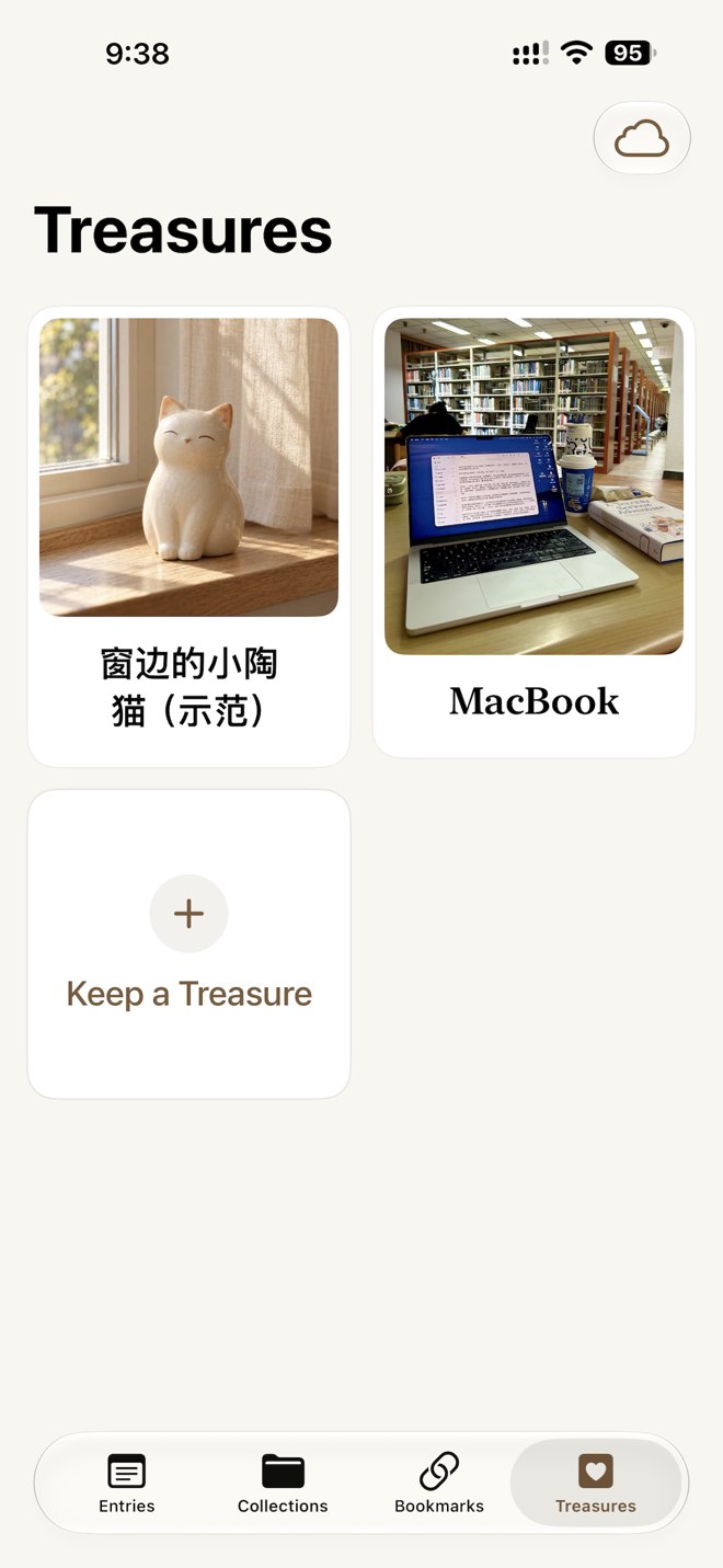 Untitled Diary Treasures screen with a ceramic cat and other keepsakes